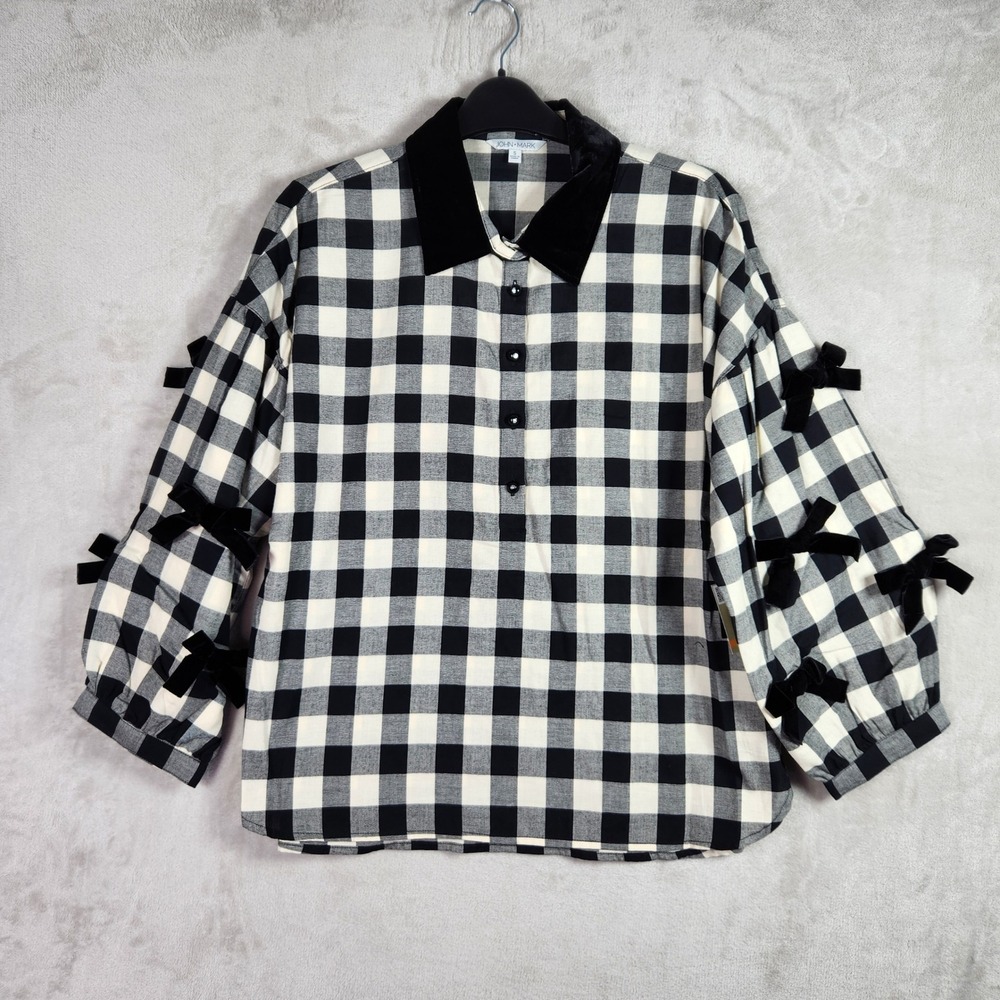 John Mark Gingham Bow Sleeve Blouse Womens Small Black White Plaid Velvet Collar